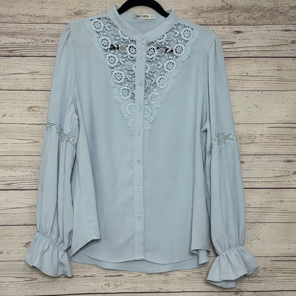 Grace Karin Lace Collar‎ Peasant Sleeve Button Up XL